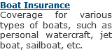 Boat Insurance
Coverage for various types of boats, such as personal watercraft, jet boat, sailboat, etc.